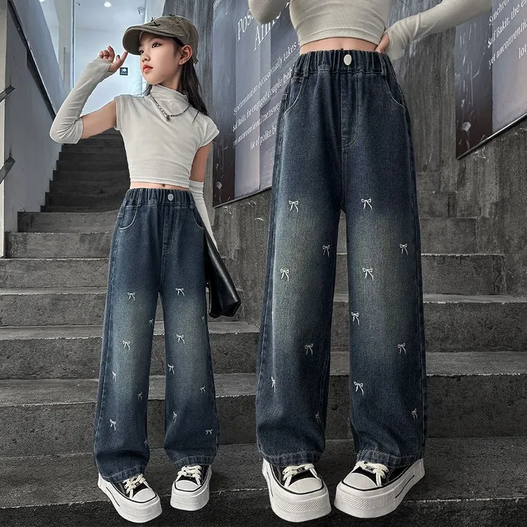女童牛仔裤春秋款洋气2024新款中大童高腰直筒裤洋气百搭阔腿裤子