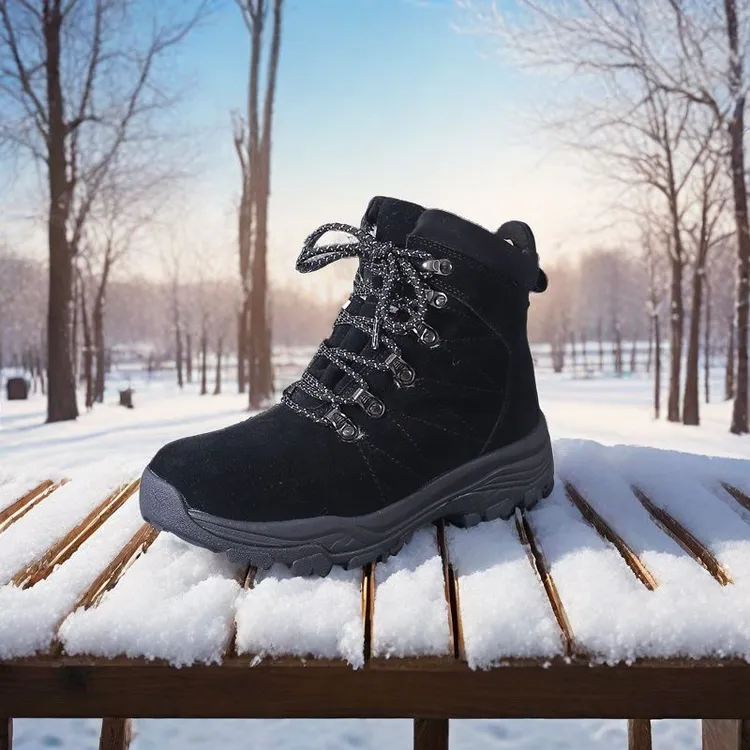 抗寒-30度冬季真皮雪地靴皮毛一体黑色小短靴冰面防滑户外运动鞋