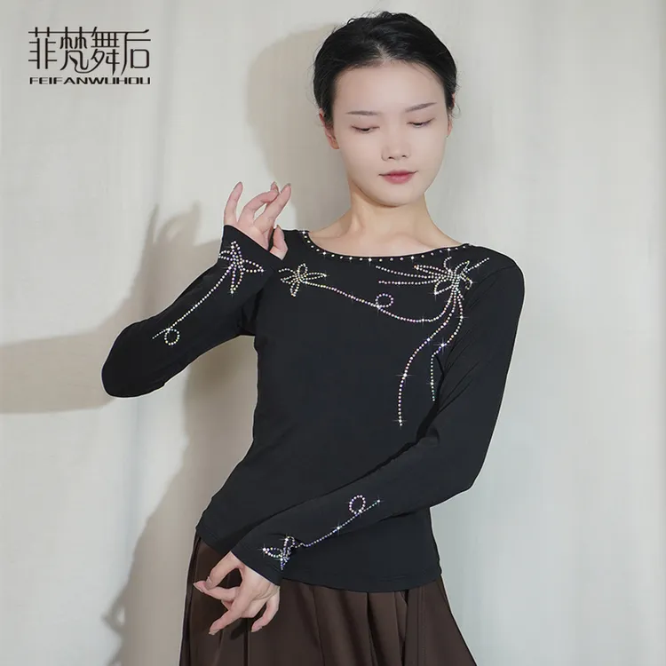 菲梵舞后古典舞蹈服装练功服上衣女烫钻长袖拉丁广场舞现代舞服装