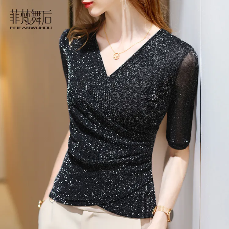 菲梵舞后舞蹈服网纱打底衫女新款现代舞练功服交叉黑色古典舞上衣