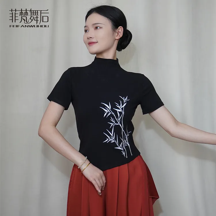 菲梵舞后新国风复古现代舞练功服女半高领短袖舞蹈服古典舞训练服