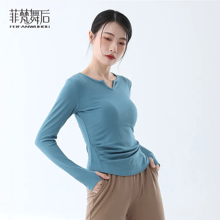 菲梵舞后现代爵士舞蹈练功服上衣V领长袖套指弹力针织形体训练服