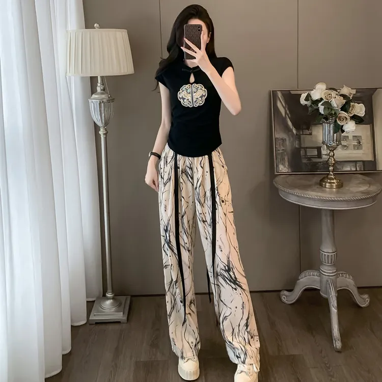 2025夏季新款新中式中国风时尚休闲套装女垂感水墨显瘦短袖两件套