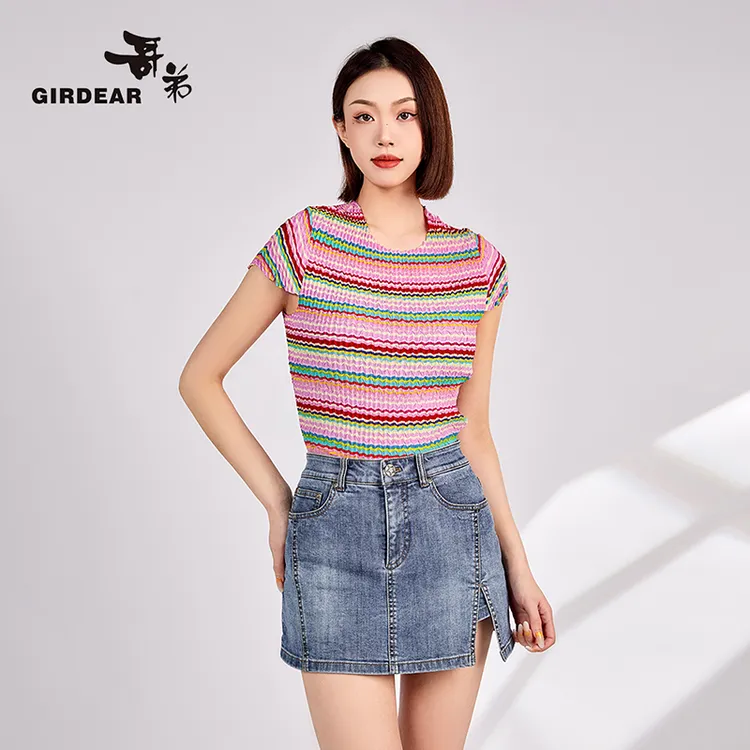 GIRDEAR哥弟魔术彩虹T恤女夏季时尚百搭立体透气褶皱上衣1300706