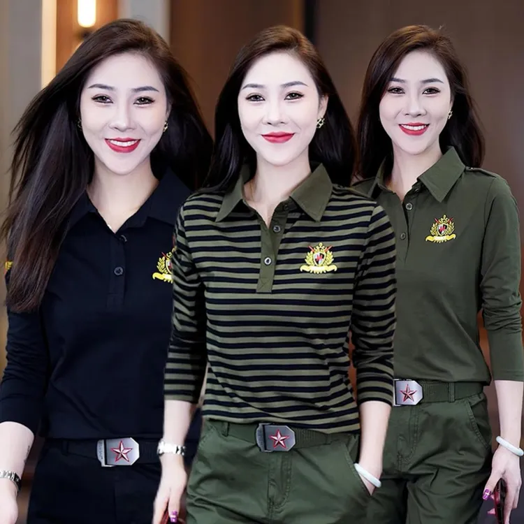 迷彩服女春秋新款军绿色长袖T恤翻领修身气质大码显瘦休闲上衣潮