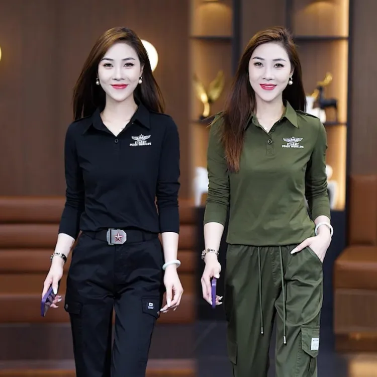迷彩服女长袖T恤春秋季新款军绿上衣时尚休闲显瘦黑色户外水兵舞