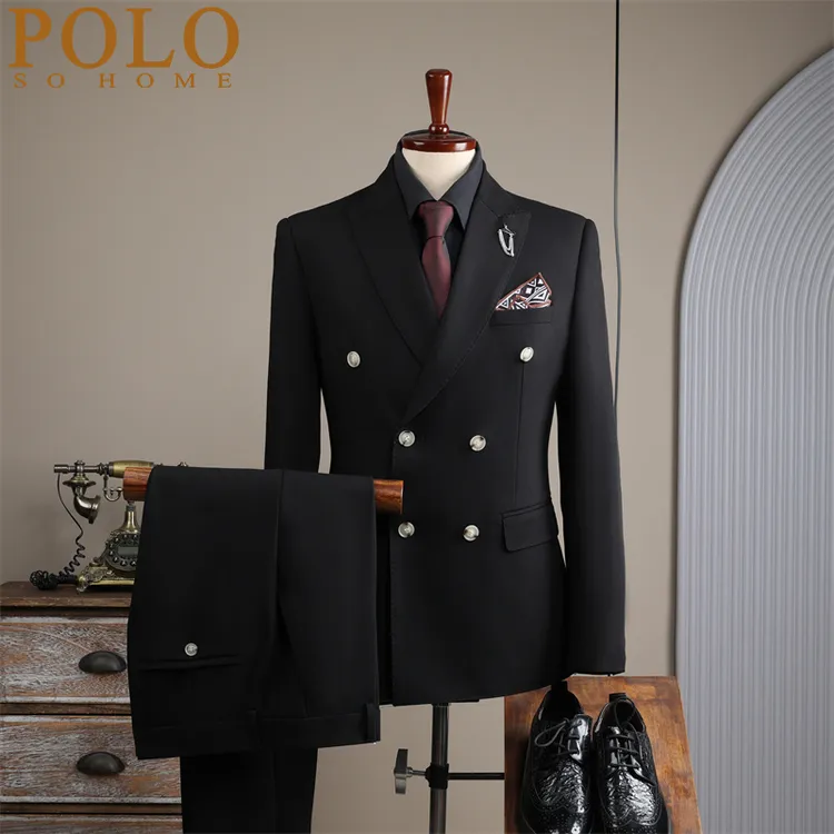 保罗西装套装男高级感商务休闲双排扣西装三件套新郎结婚礼服正装