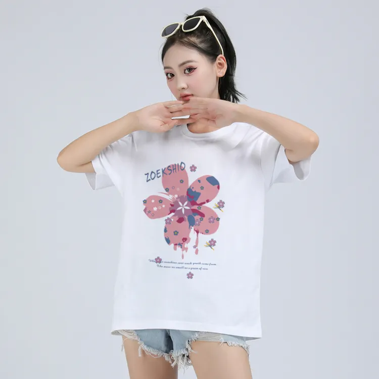 佐卡纯鲜花夏季短袖T恤纯棉男女同款宽松圆领百搭潮流打底衫休闲T