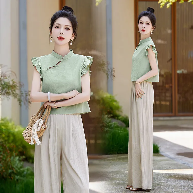 新中式轻国风套装女2024夏季新款复古飞飞袖改良旗袍阔腿裤两件套