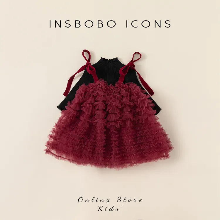 INSbobo女童圣诞节公主裙韩版网纱系带连衣裙儿童红色套装DQ34449