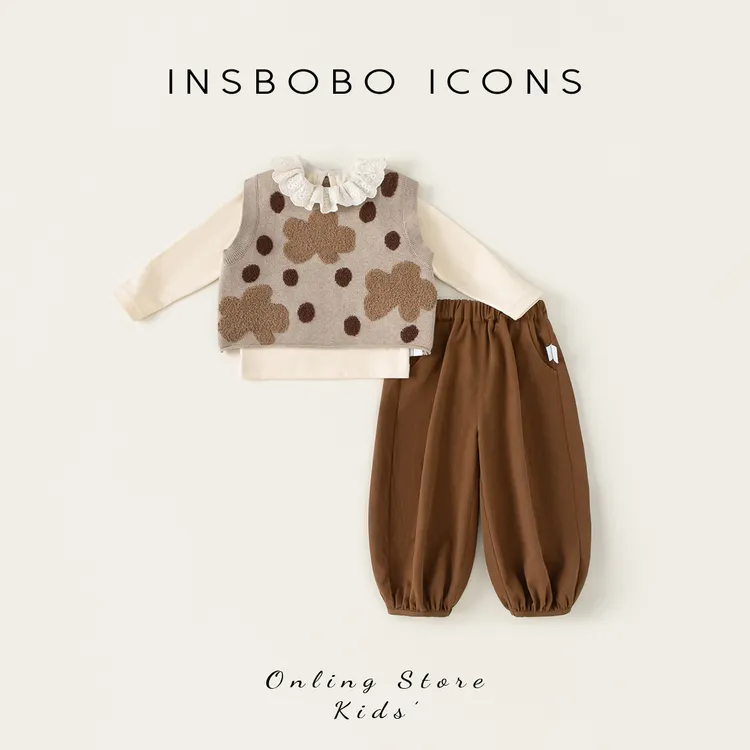 INSbobo女童套装春秋新品花朵马甲+打底衫+灯笼裤三件套潮QT24256