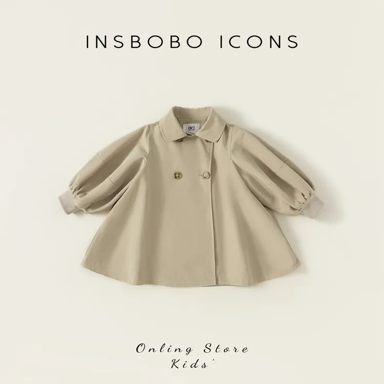 INSbobo女童秋装灯笼袖风衣外套中小童大衣韩版双排扣翻领QY23022
