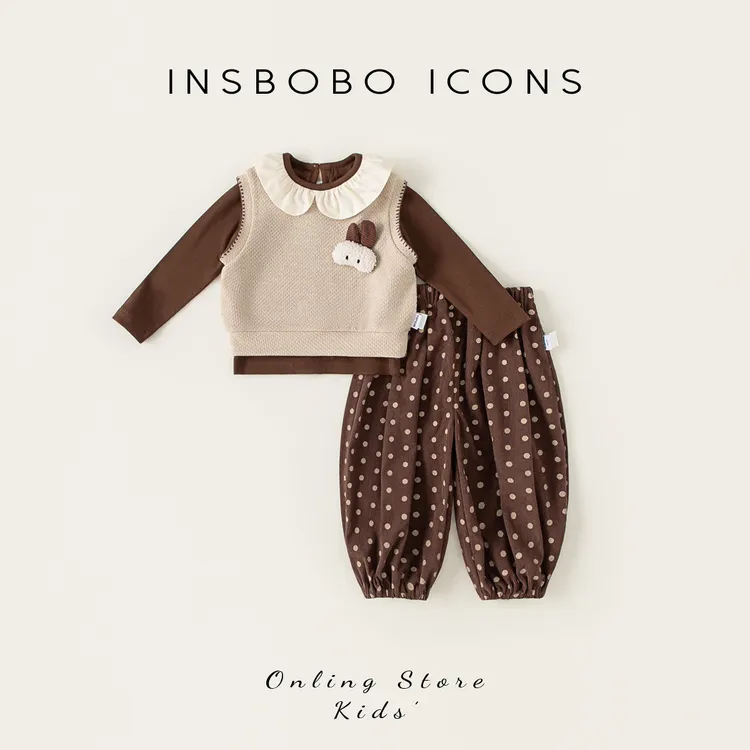INSbobo女童秋季套装可爱马甲+娃娃领打底衫+波点裤三件套QT24229