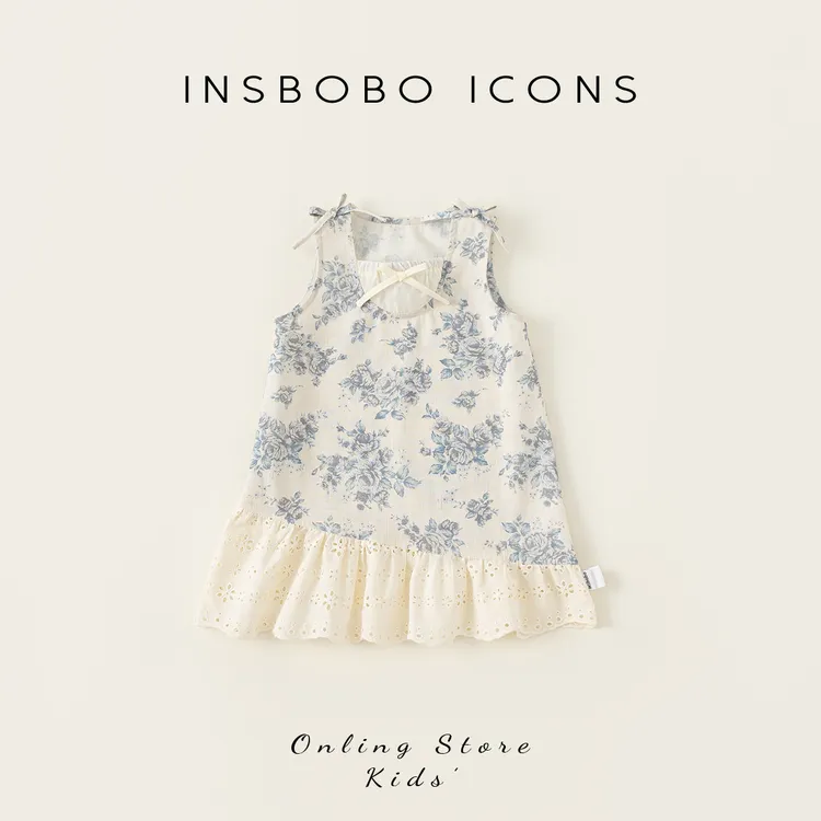 INSbobo夏季洋气儿童蕾丝裙子玫瑰印花蝴蝶结无袖连衣裙XQ24517