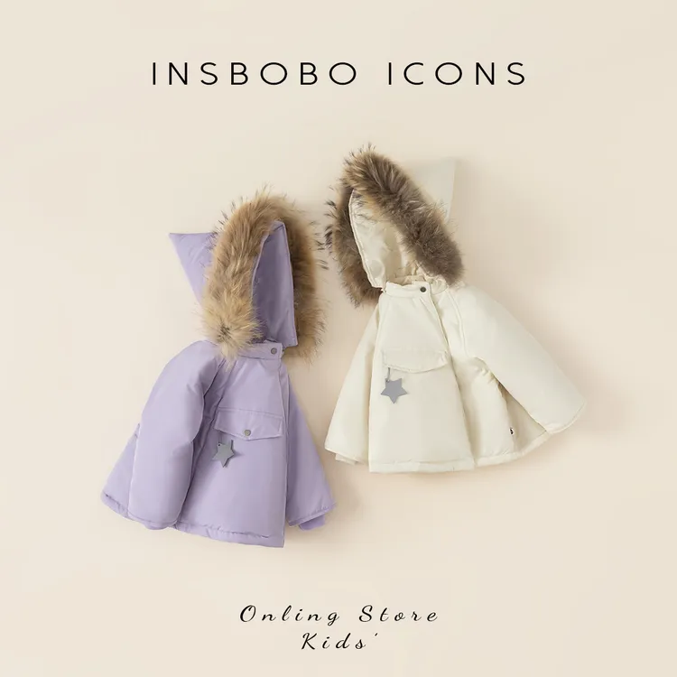 INSbobo冬季新品小童纯色休闲连帽星星棉服女宝宝衣服DY23192