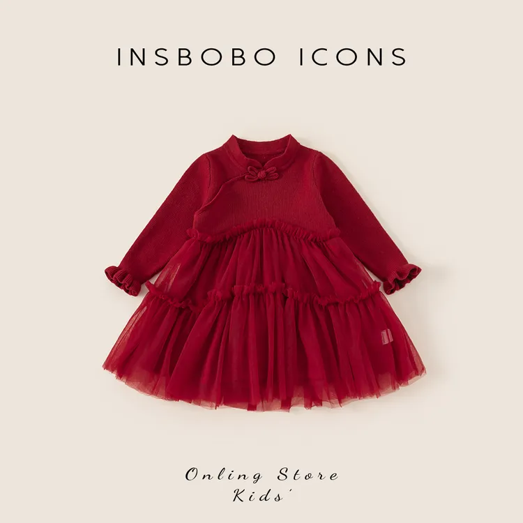INSbobo女童拜年服裙子冬季时尚洋气毛衣拼接网纱连衣裙DQ24232