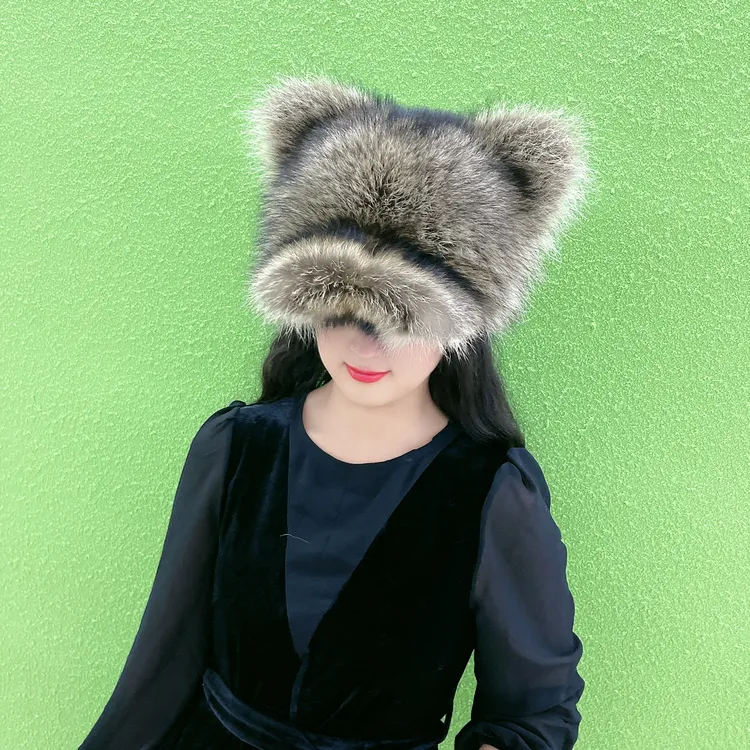 俄罗斯冬季保暖护耳猫耳帽子美洲貉子毛鸭舌帽女甜美可爱浣熊款帽