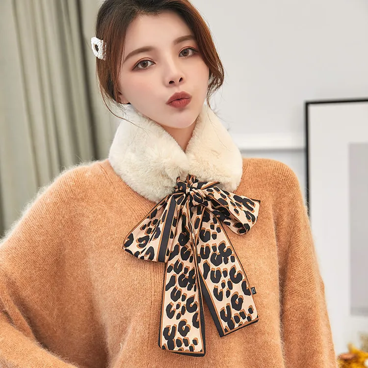 围脖女系带豹纹蝴蝶结网红仿獭兔毛领子韩版百搭丝带毛毛围巾冬季