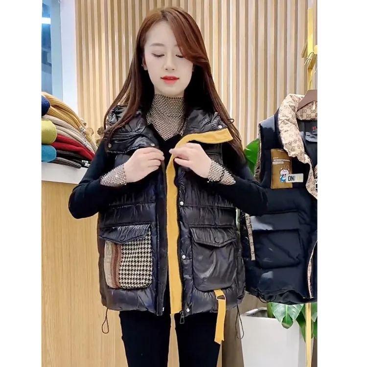 亮面棉马甲背心坎肩2024秋冬新款韩版宽松百搭连帽中长款大口袋款