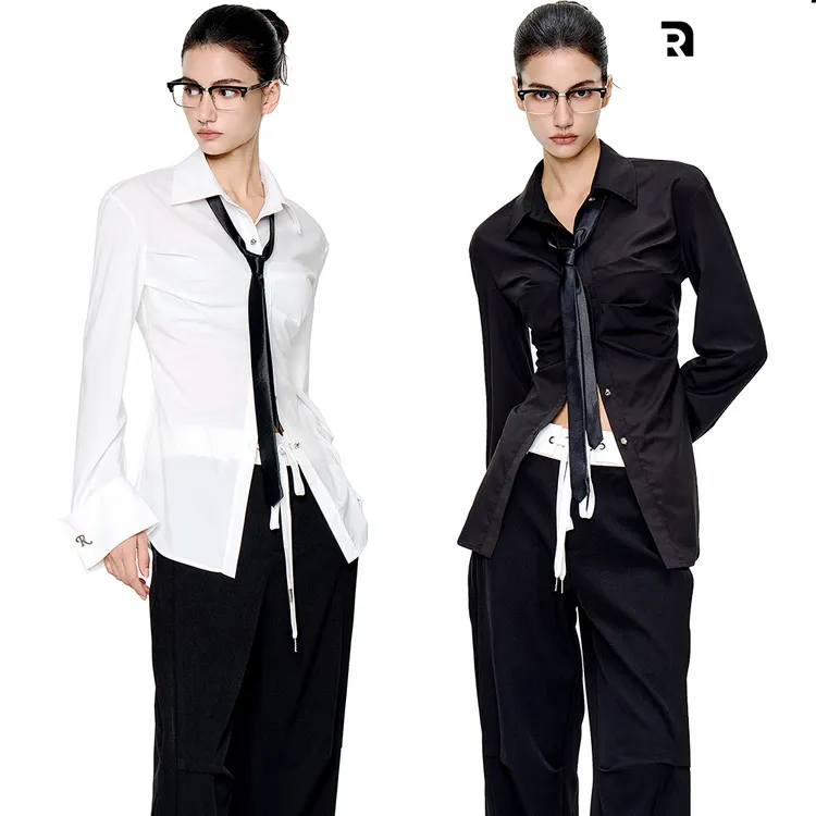 MODULER新款 原创收腰修身显瘦翻袖金属定制袖扣高级感衬衫黑白