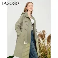 lagogo新款工装约克系带气质连帽风衣女MCFF339A49