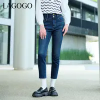 Lagogo新款高腰弹力水洗百搭牛仔裤女MCNN539A91