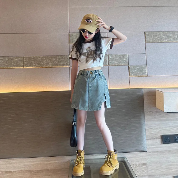 女孩夏装2024新款儿童装洋气套装夏季女大童T恤牛仔短裤两件套潮