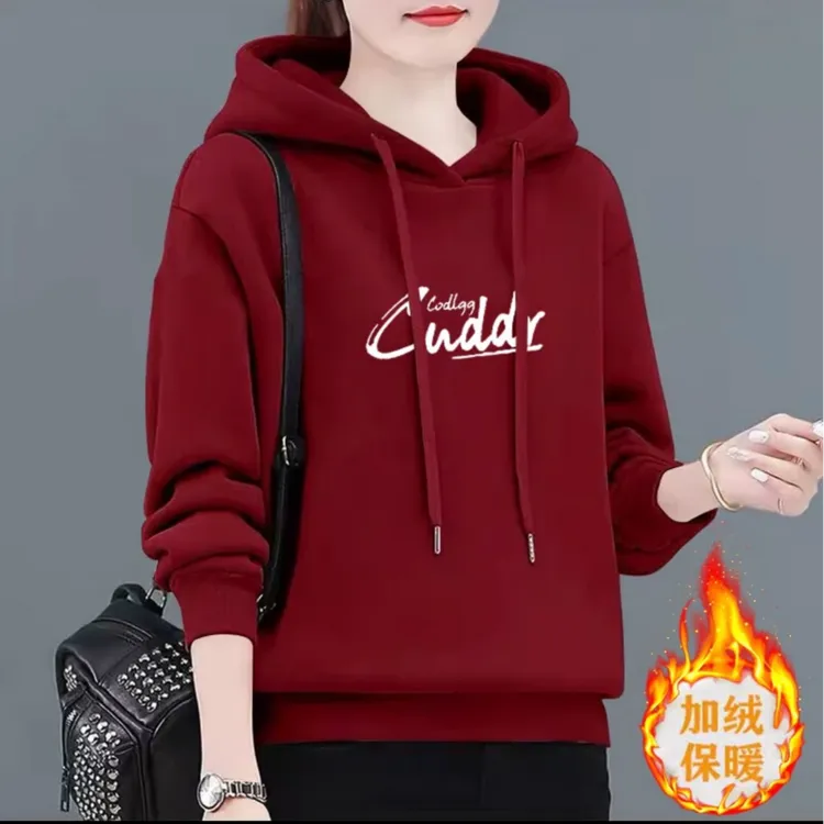 秋冬女士卫衣新款中年妈妈女装上衣加绒加厚洋气宽松连帽外套女