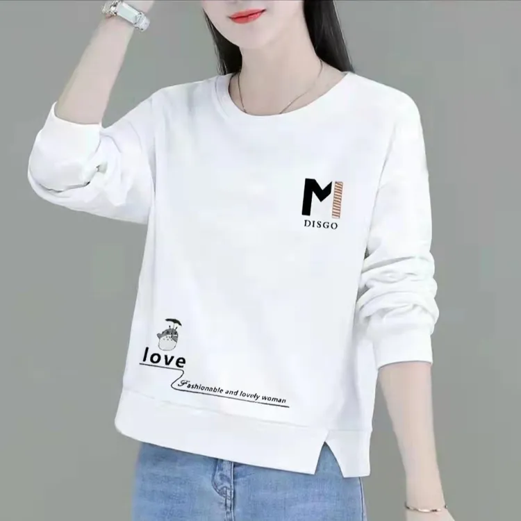 100纯棉长袖秋季上衣女白色圆领韩版百搭宽松休闲印花时尚打底衫