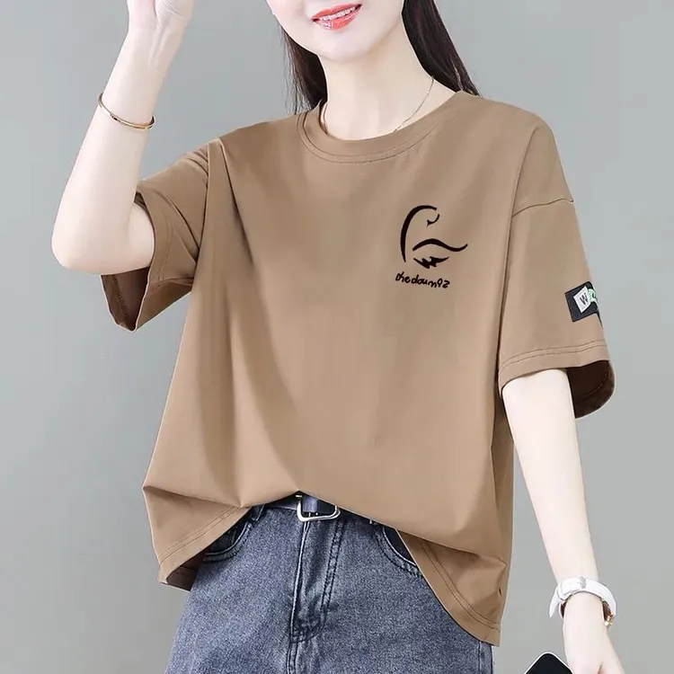 100％纯棉短袖t恤女2024年夏季新款显瘦时尚减龄宽松百搭圆领上衣