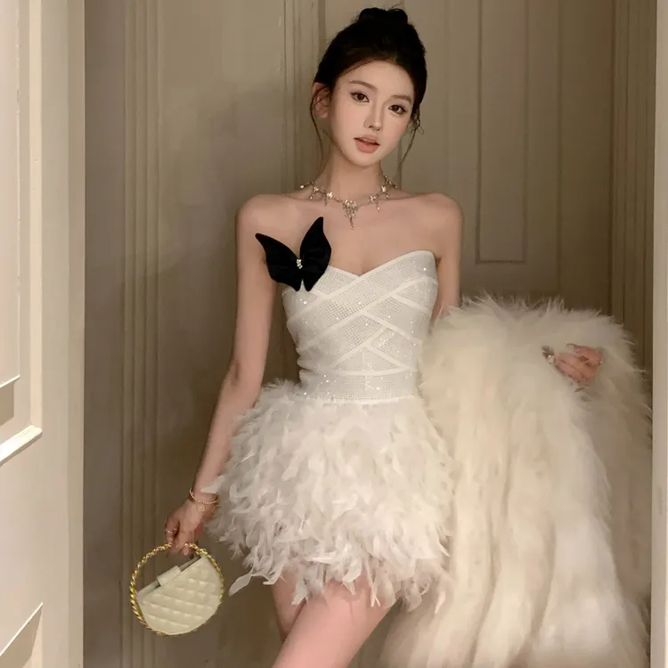 春季新款女性感名媛烫钻收腰短裙显瘦绑带拼接羽毛重工抹胸连衣裙