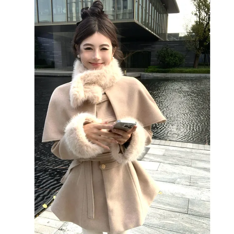 【英剧小魔女】秋冬新款财阀千金风可拆卸斗篷披风温暖大衣毛呢外套