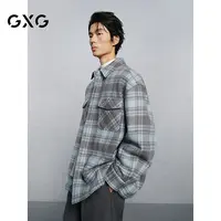 GXG男装 蓝格宽松休闲通勤翻领大衣 24冬#G24X064013
