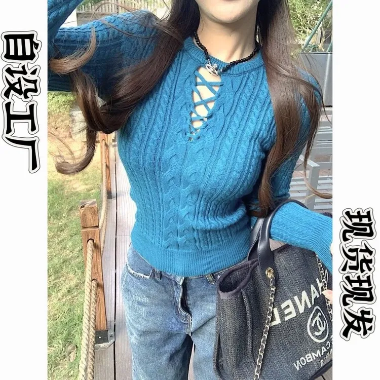 辣妹镂空麻花白色毛衣针织衫女秋冬季内搭气质修身显瘦打底衫上衣