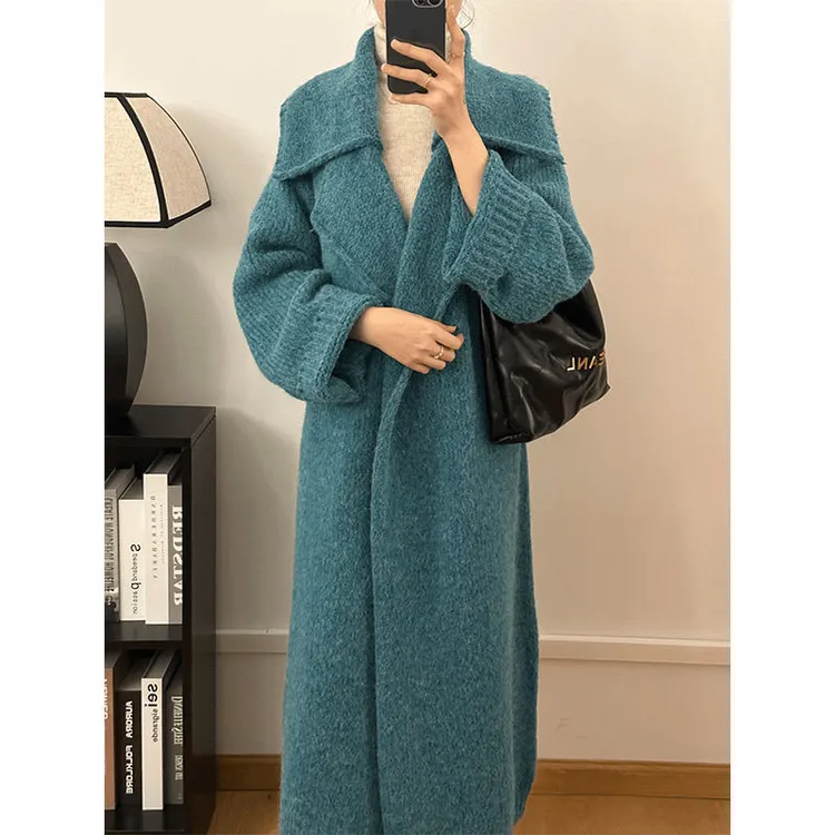 西装领针织开衫毛衣外套女2025秋冬加厚长款慵懒气质系带针织开衫