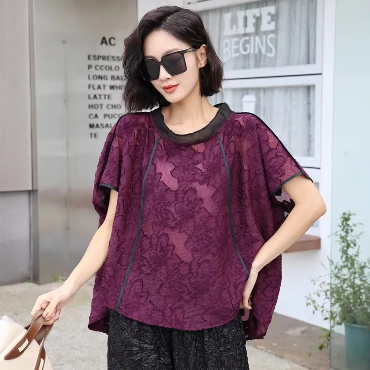 新款上衣时尚休闲镂空宽松提花显瘦透气大码女装夏季运动