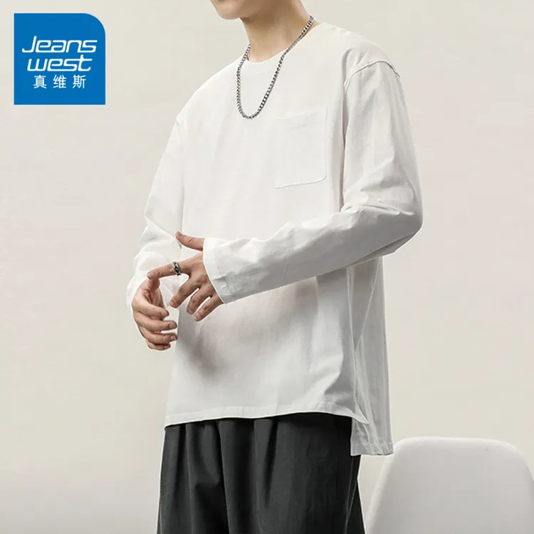 真维斯纯棉长袖口袋t恤男女同款白色内搭打底衫圆领百搭小众上衣