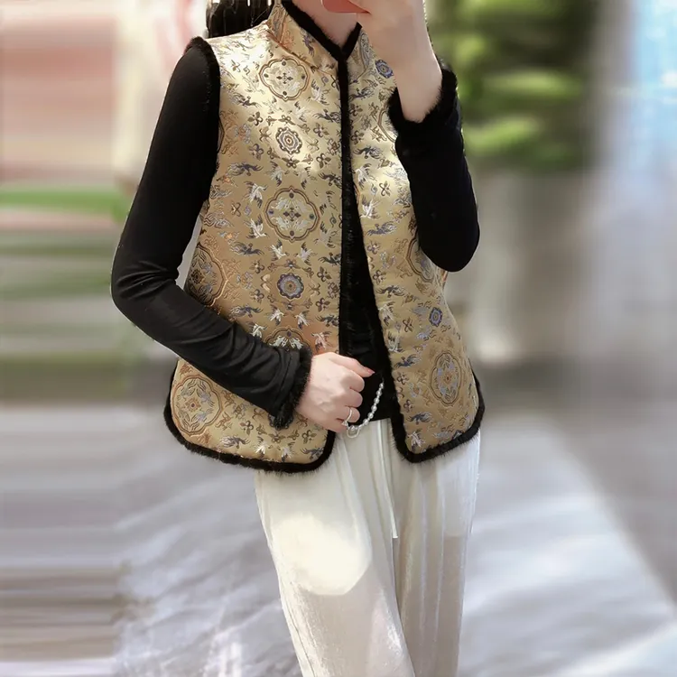 织锦缎拼真水貂毛夹棉马甲！气质新中式国风加棉坎肩上衣 XSY0559