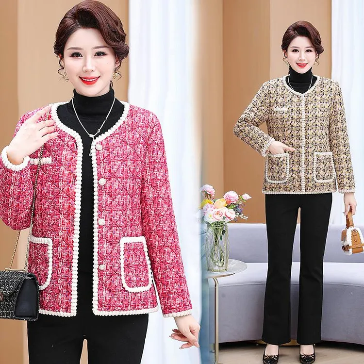 中年妈妈装冬季新款小香风加绒小棉衣气质女装棉袄子加厚洋气外套