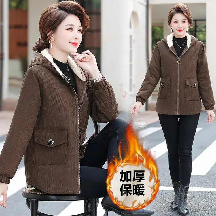 妈妈秋冬装夹棉外套洋气小棉衣加绒连帽轻薄中老年女冬季加厚棉袄