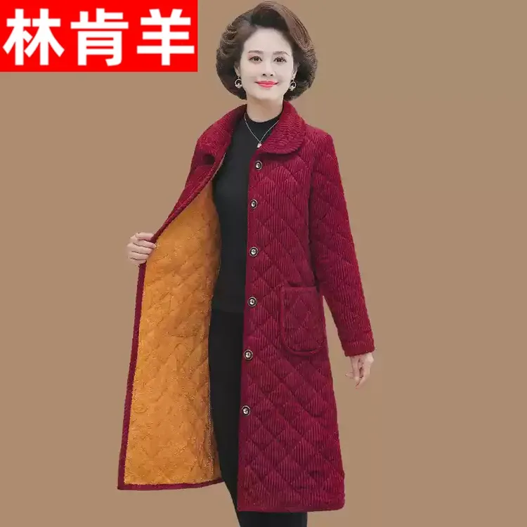 中老年棉衣女中长款棉服妈妈装洋气外套冬季加绒加厚大码棉袄罩衣