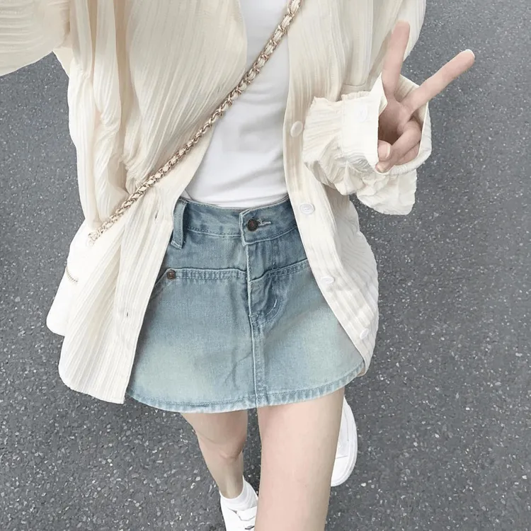 浅蓝色牛仔裙裤女高腰显瘦短款半身裙辣妹小个子高腰短裙a字裙