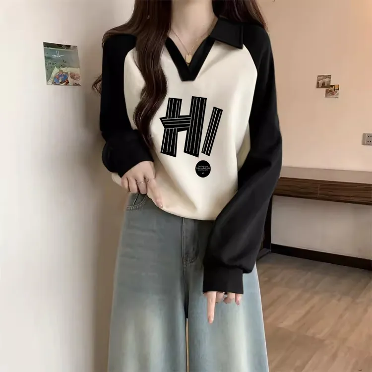polo领短款插肩袖卫衣女加绒2024秋冬新款洋气减龄时尚撞色上衣潮