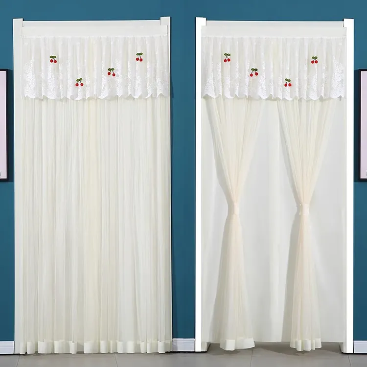四季蕾丝门帘免打孔家用防蚊纱帘卧室厨房卫生间隔断帘雪纺半帘夏