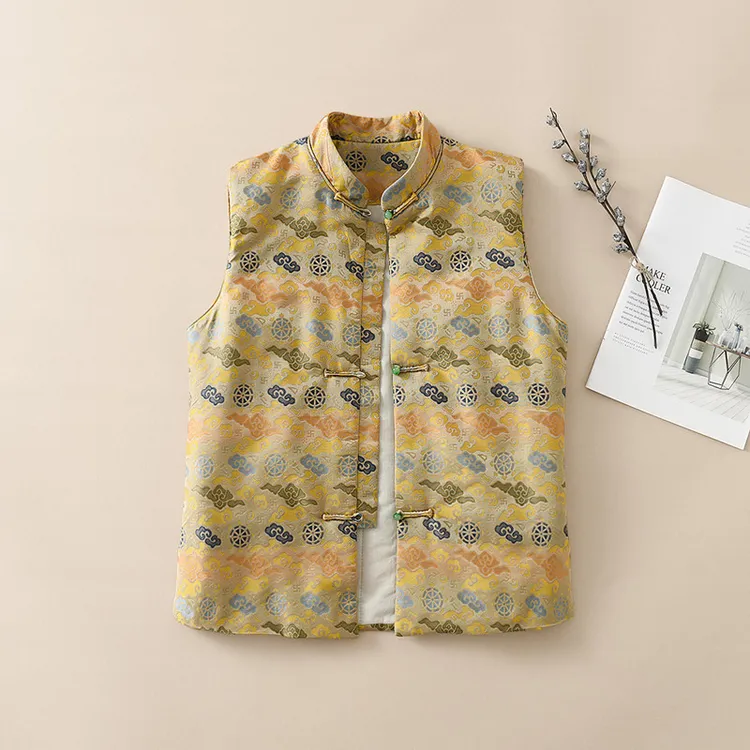 春秋季新中式马甲女改良年轻款宋锦织锦缎外穿坎肩玉石扣国潮上衣