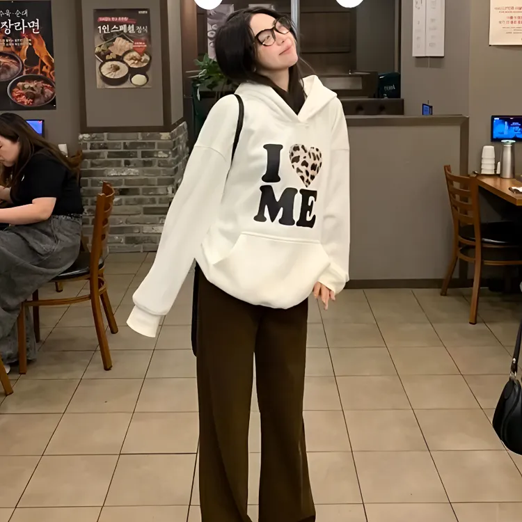 秋冬加绒白色连帽卫衣女字母印花宽松慵懒风学生长袖套头帽衫外套