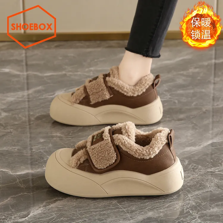 SHOEBOX鞋柜厚底魔术贴丑萌面包鞋女冬季2025新款羊羔毛毛棉鞋