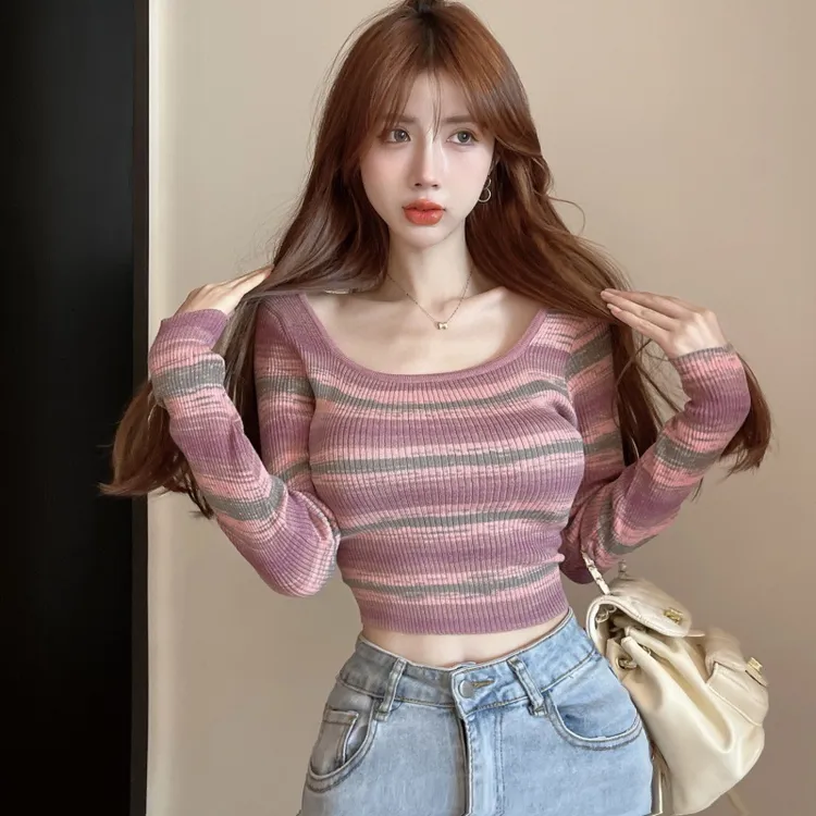 紧身上衣小众针织衫女款爆款2024新款早秋薄款条纹纯欲显瘦性感