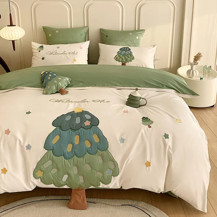 可爱森林绿色纯棉四件套全棉100支长绒棉床单被套小清新床上用品