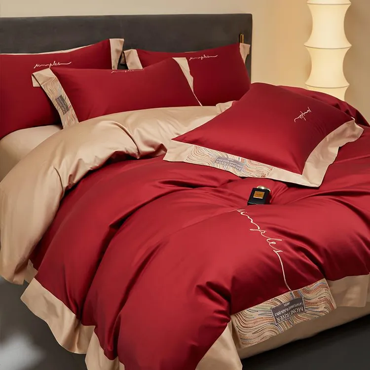 A类大红结婚长绒棉四件套全棉纯棉被套床单笠轻奢高级感床上用品4